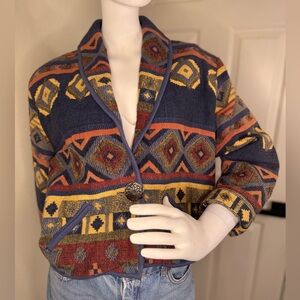 New Identity Blue and Red Geometric Blazer with Open Front Western Style.